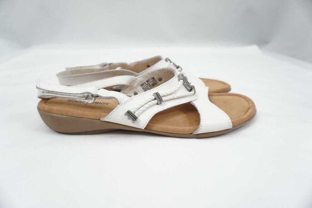 MINNETONKA SILVIE 799910 SZ 12 USED WHITE LEATHER NATIVE SLINGBACK SANDALS WEDGE